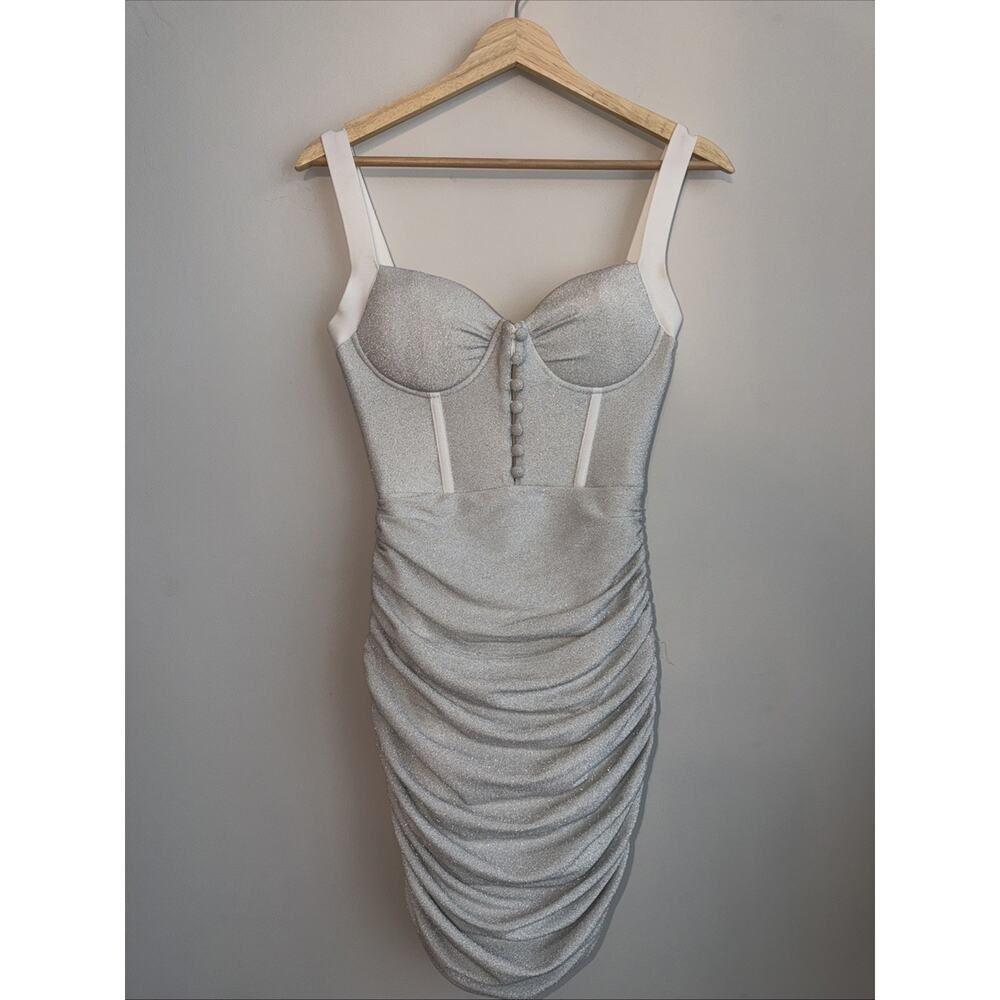 BELLA BARNETT Midi Bandage Dress Corset Bustier Ruched Stretch Bodycon Silver S